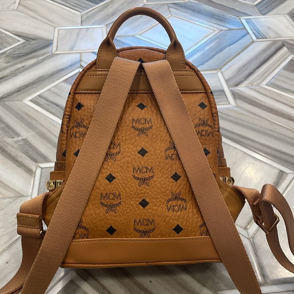 MCM Stark small backpack. Cognac with gold studs on side. - Picture 2 of 8